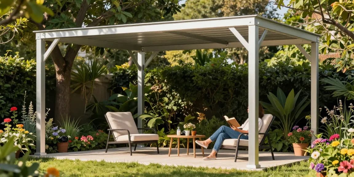 Freistehende Terrassenüberdachung aus Aluminium in einem einladenden Garten mit entspanntem Menschen.