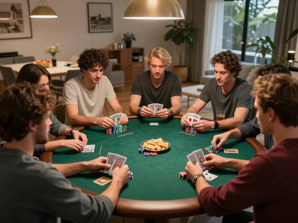 Fesselnde Pokernacht-Szene, die Expertenstrategien und soziale Interaktion mit Immobilienmakler Frankfurt Riedberg hervorhebt.
