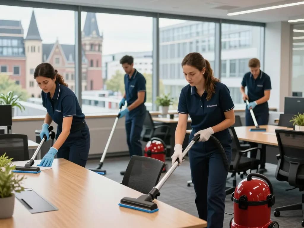 Unterhaltsreinigung für Unternehmen in Münster durch ein professionelles Reinigungsteam in einer modernen Büroumgebung, das Sauberkeit und Hygiene zeigt.