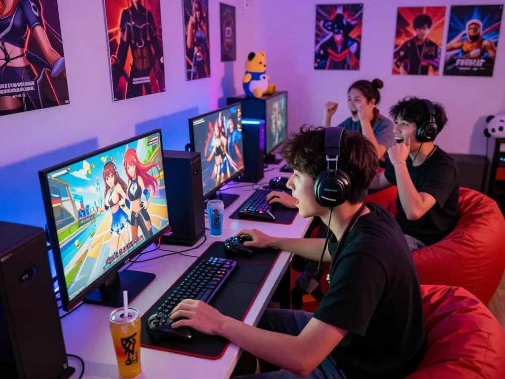 Friends enjoying a hentai game night with immersive graphics and colorful gaming setup.