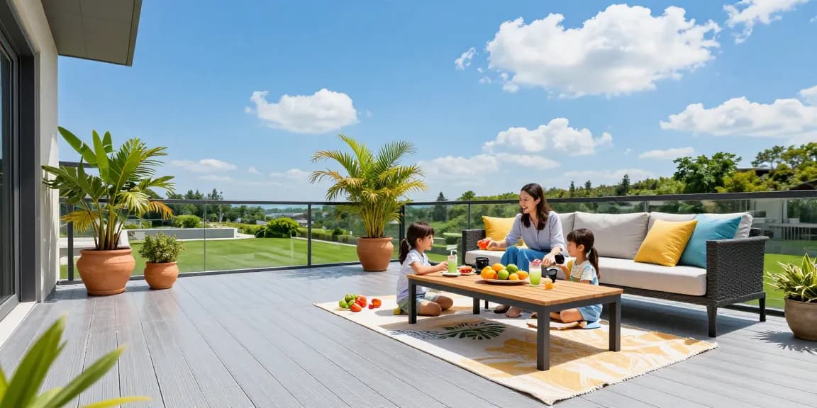 Moderne Terrassenüberdachung bei sonnigem Wetter, Familie beim Picknick.