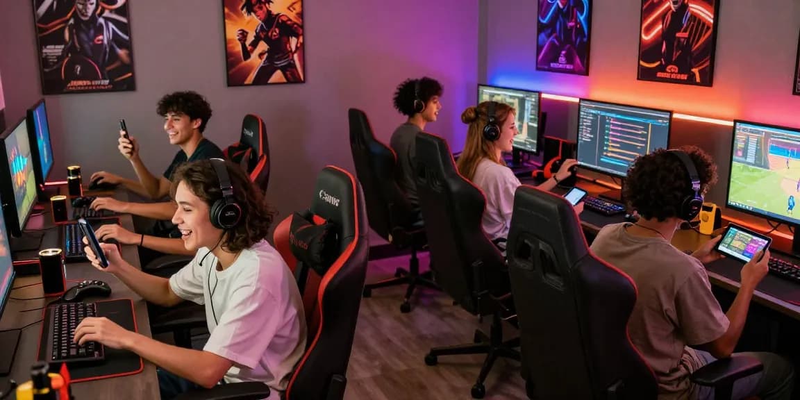 Exciting gaming lounge at B52 CLUB, featuring friends engaged in online gaming with smartphones and colorful lighting.
