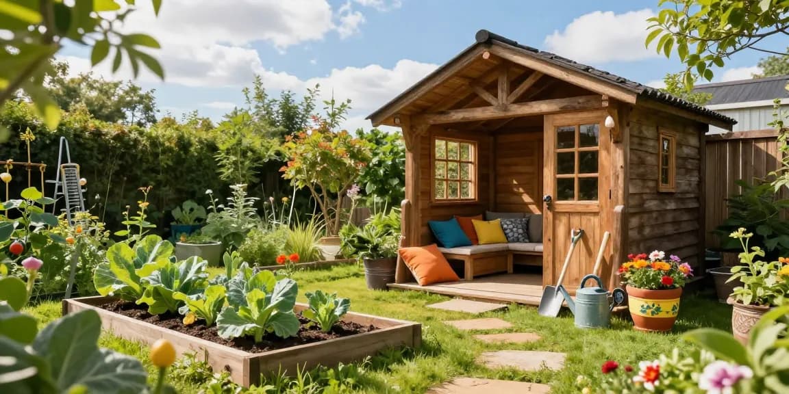 Gartenhaus kaufen: Charmantes Holz-Gartenhaus in einer üppigen grünen Umgebung mit Sitzbereich und Blumen.