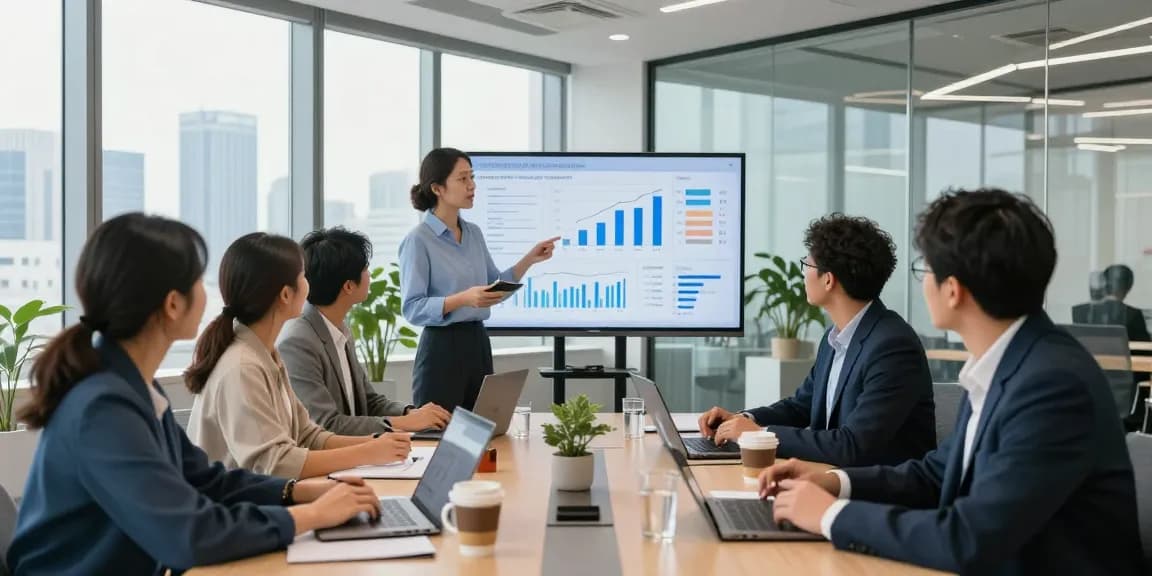 Interaktion im Büro einer Bewertungsplattform Führung mit Teamdiskussion und Präsentation von Analyseergebnissen.