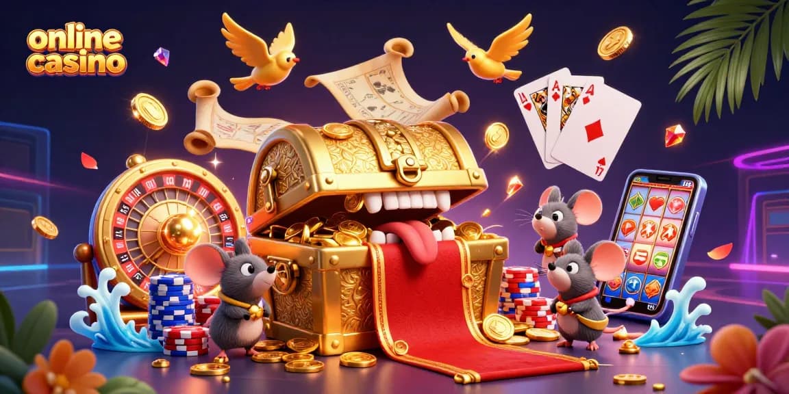 Engage with a lively online casino scene featuring a treasure chest inviting adventurer mice amid vibrant gaming motifs.