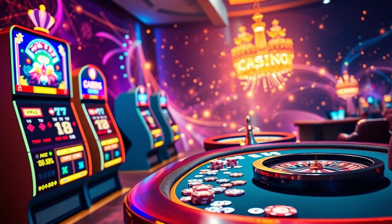 Experience thrilling online gaming with home jili7 in a vibrant casino setting featuring slots and poker tables.