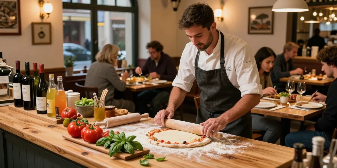 Chef at Pizzeria Madera showcasing pg soft pizza preparation with fresh ingredients.