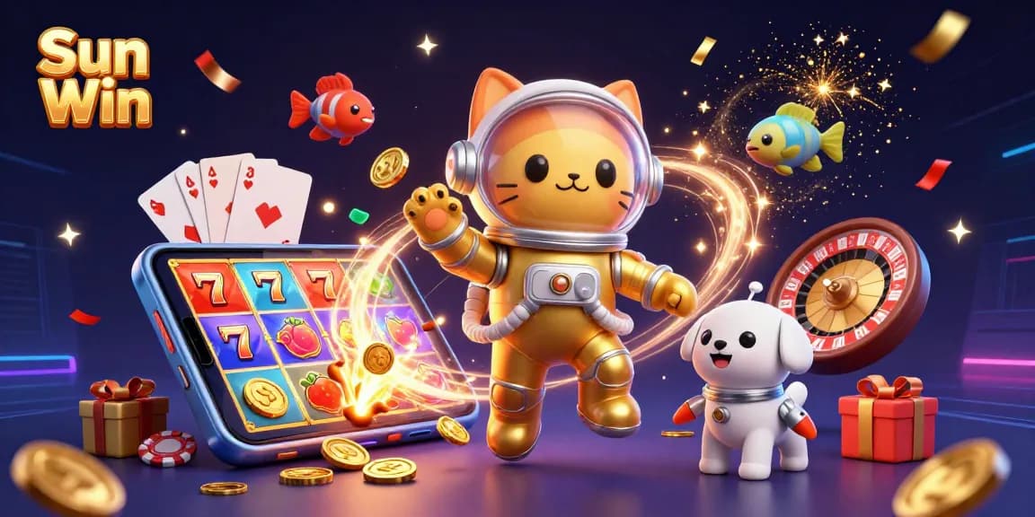 Experience the excitement of Sun Win with a vibrant 3D illustration showcasing thrilling slot games and dynamic characters.