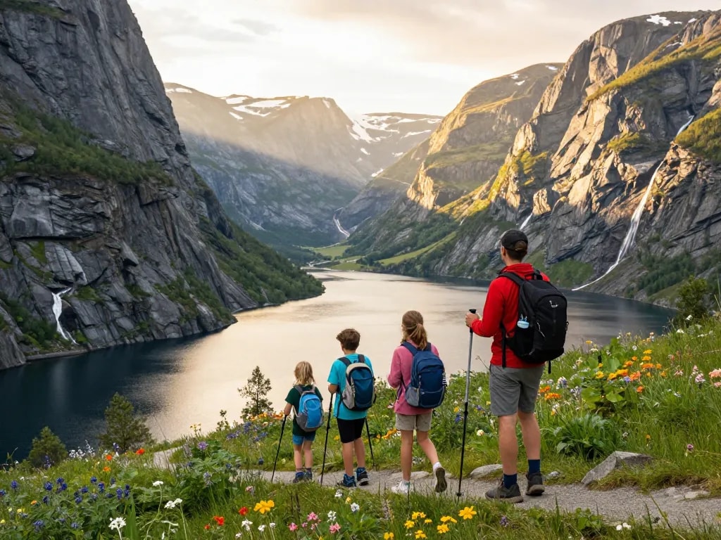 Familienabenteuer beim Suchen nach Urlaub in Skandinavien, Wandern in malerischen Fjorden zur goldenen Stunde
