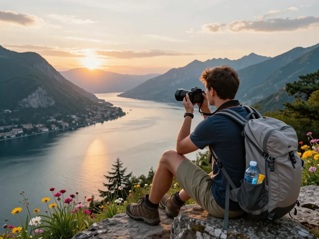 Gardasee Reisetipps: Malerischer Reisender, der die atemberaubenden Ausblicke auf den Gardasee bei Sonnenuntergang festhält.