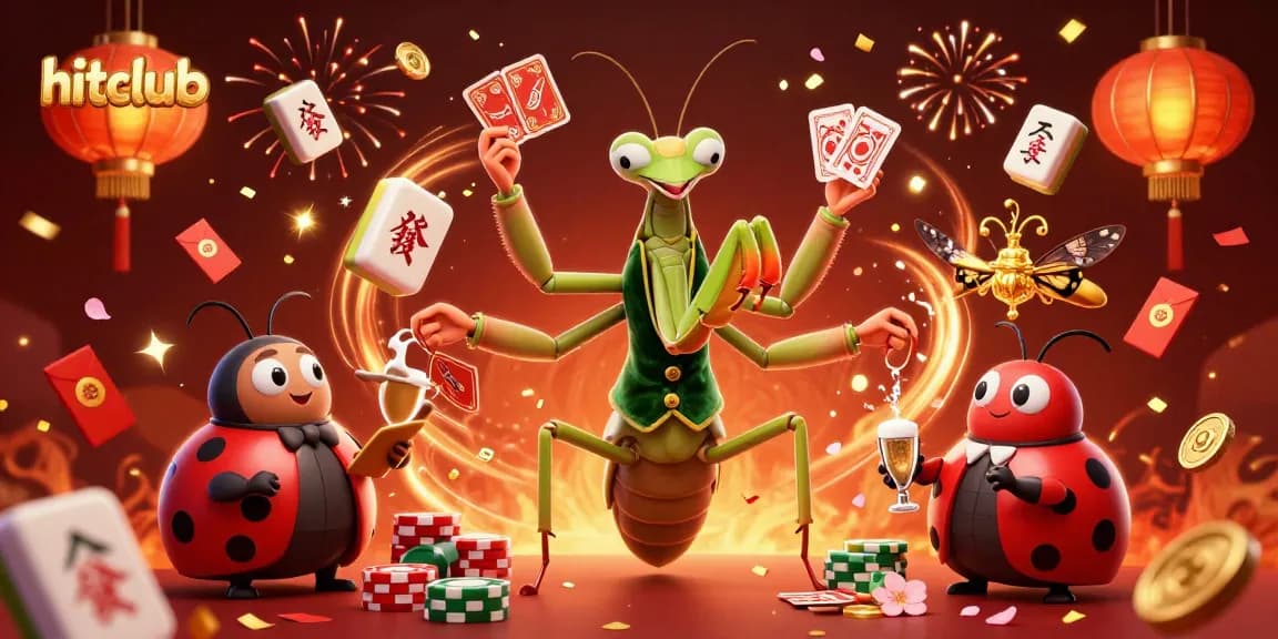 Experience the excitement of hitclub as a giant praying mantis dealer shuffles cards and pours champagne in a lively casino setting.