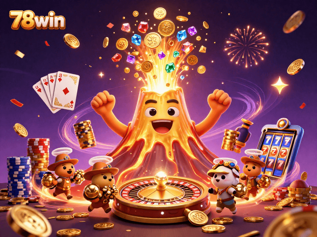Immerse in 78win’s exciting casino features, showcasing a golden volcano erupting riches amidst thrilling game elements.