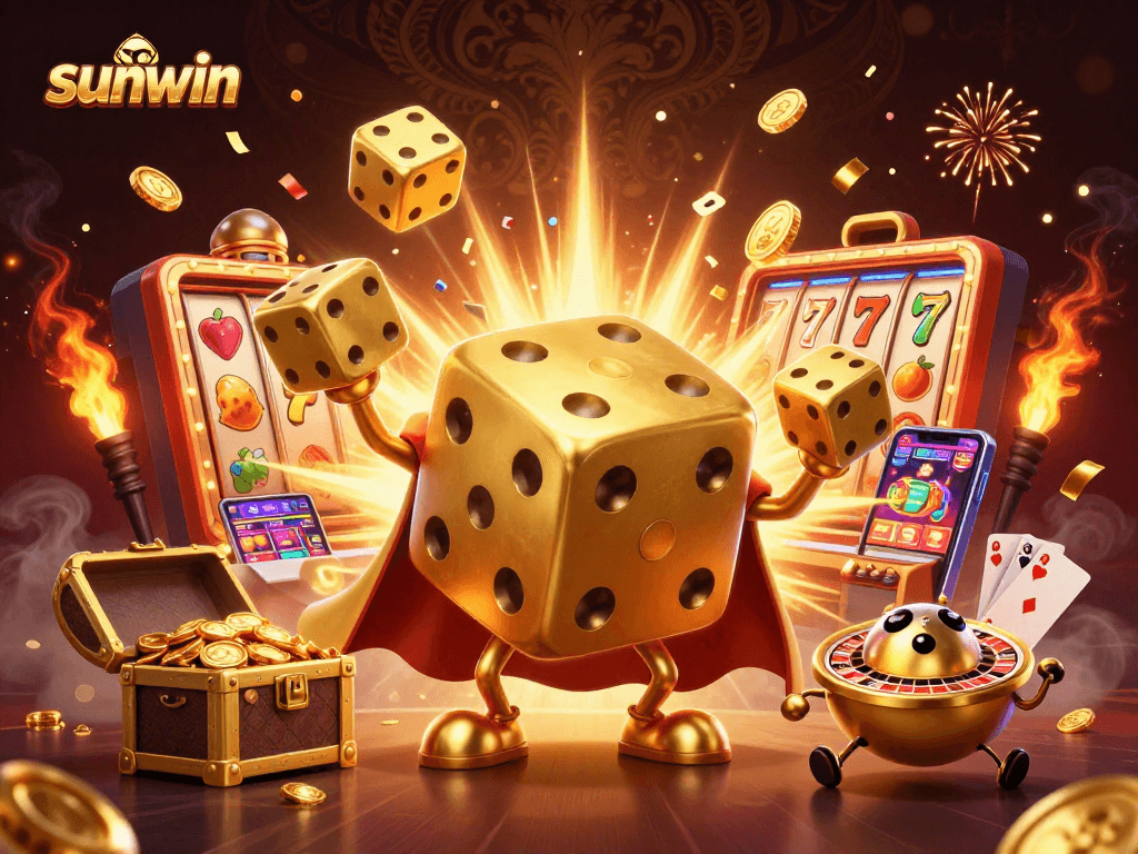 Win big at sunwin with our dazzling illustration of a golden dice golem amidst jackpot action!