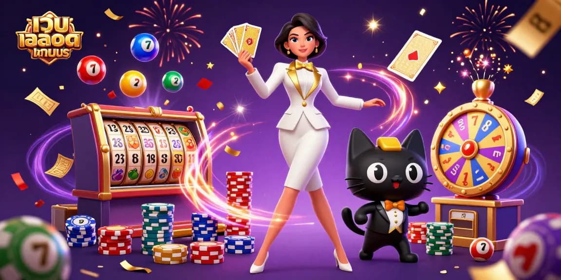 Engage with เว็บสล็อตทดลอง through an exciting 3D scene featuring games, lottery elements, and a glamorous atmosphere.