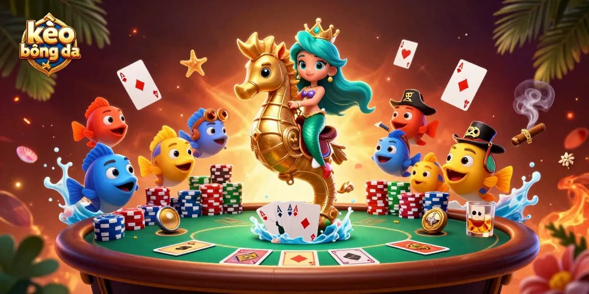 Engage with kèo bóng đá in a vibrant 3D underwater casino scene featuring a mermaid princess and a giant seahorse.