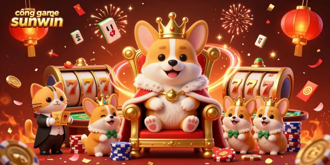 Engage with cổng game sunwin through vibrant casino-themed art showcasing a royal corgi and lively game elements.