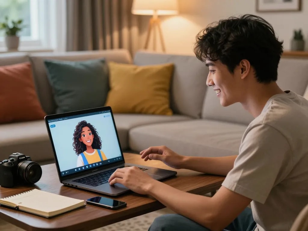 Engaging with a vibrant girlfriend AI app in a cozy home setting, showcasing connection and warmth.