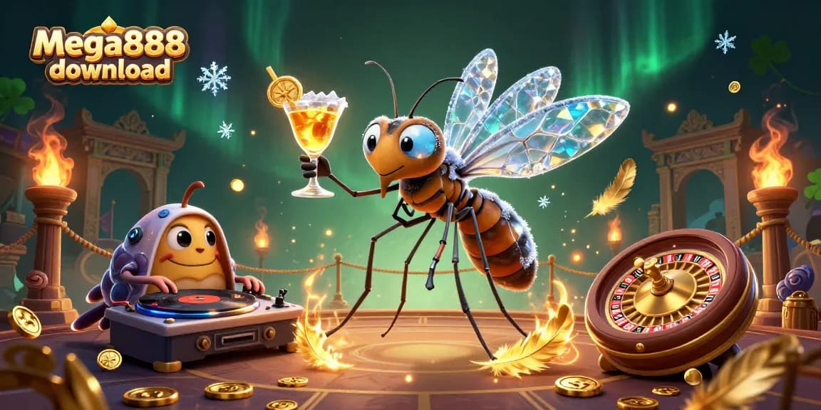 Experience thrilling mega888 download with a cartoon mosquito mascot in an electrifying casino scene.