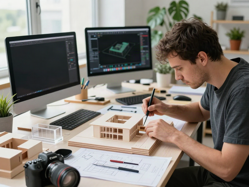 Architekturmodellbau Luxemburg: Detailreiche Arbeiten in einem modernen Studio mit kreativen Materialien.