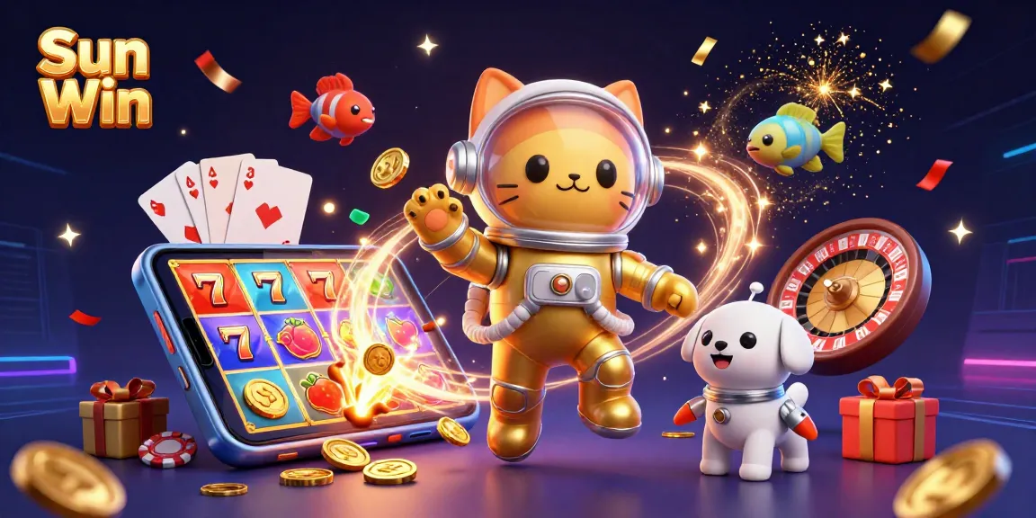 Experience the excitement of Sun Win with a vibrant 3D illustration showcasing thrilling slot games and dynamic characters.