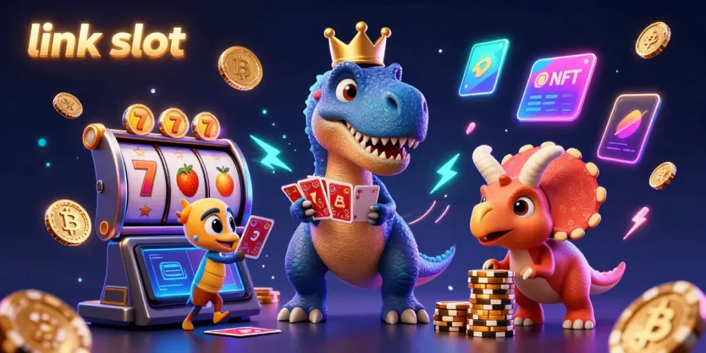 Experience thrilling entertainment with link slot featuring a vibrant cartoon scene of characters and casino elements.