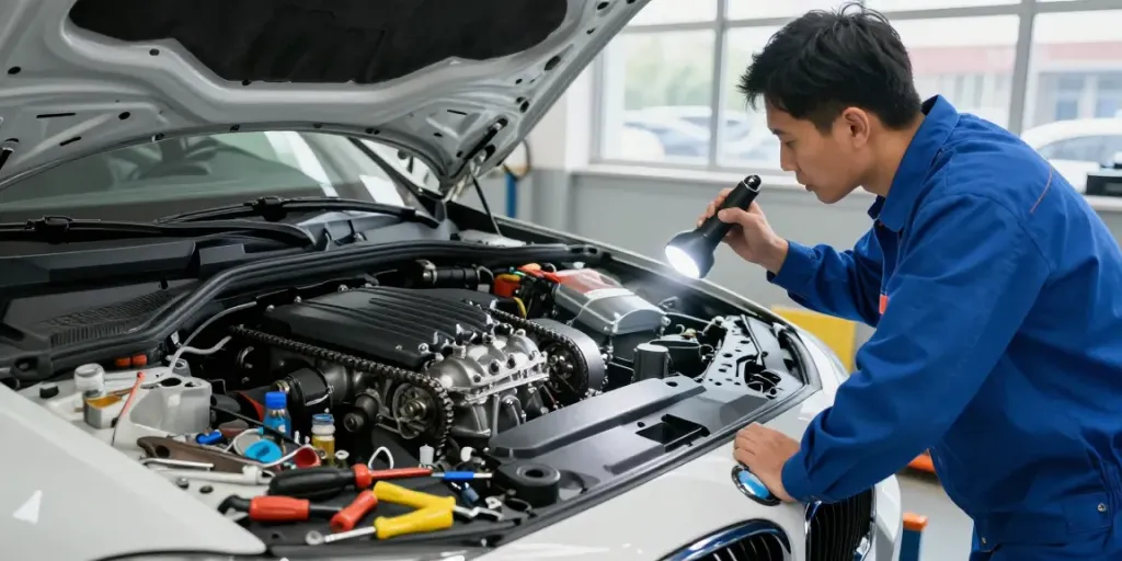 Mechaniker inspiziert BMW Steuerkette in Hannover Werkstatt mit Werkzeugen.
