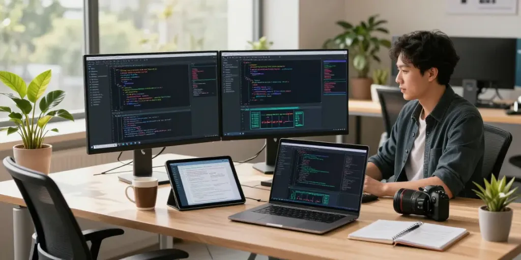 快连 tech workspace with an engineer coding at dual monitors, showcasing a productive environment.