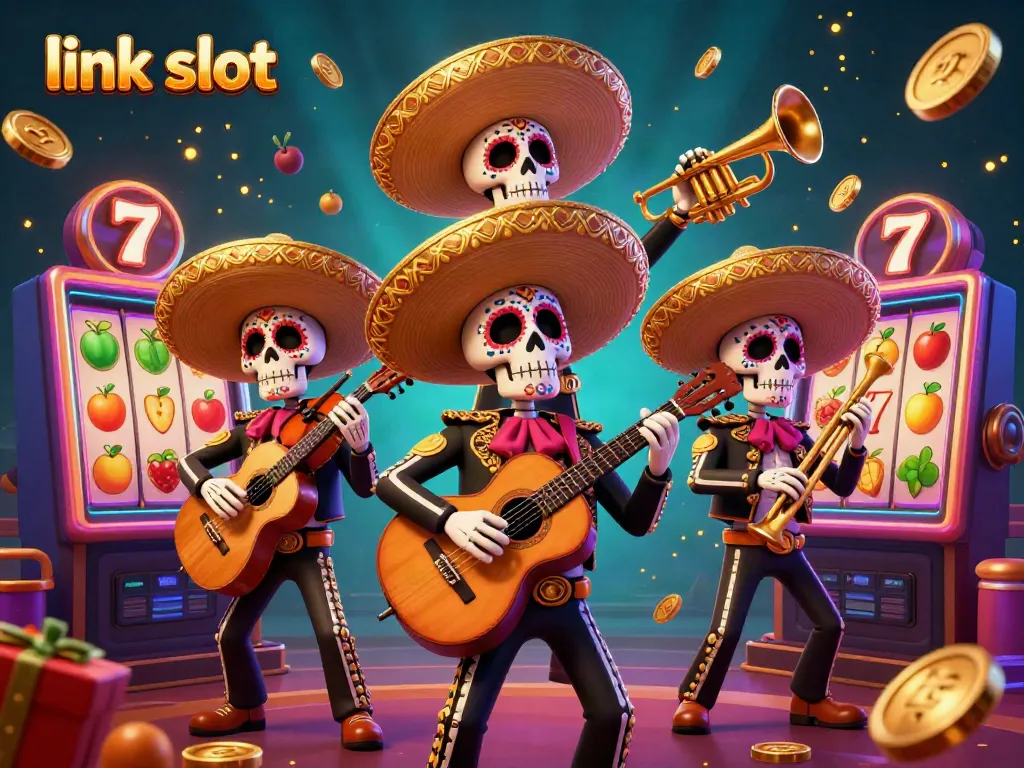 Experience the thrill of link slot with vibrant mariachi skeletons and dynamic slot symbols.