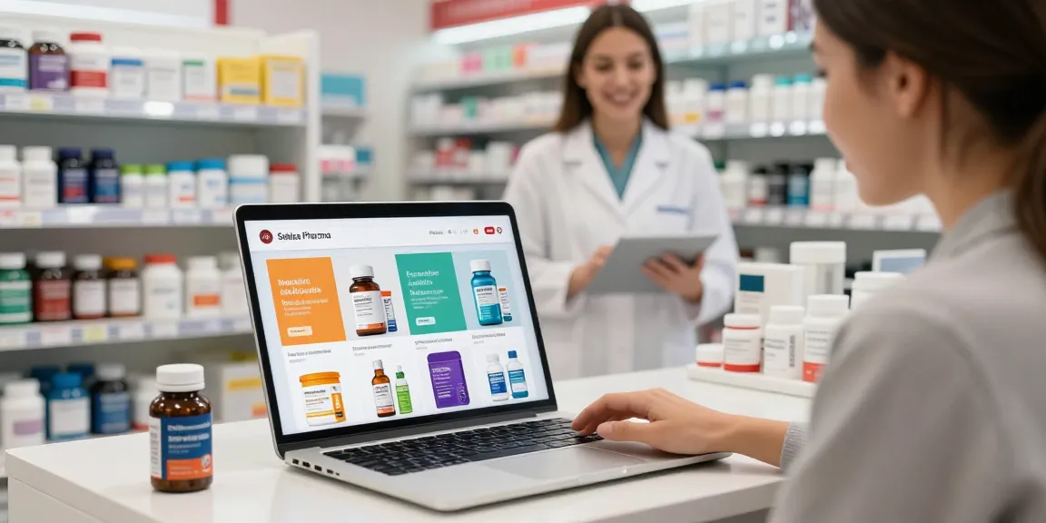 Verkaufssituation im Selliza Pharma Shop mit Kunde, der Produkte für Gesundheit und Fitness kauft.