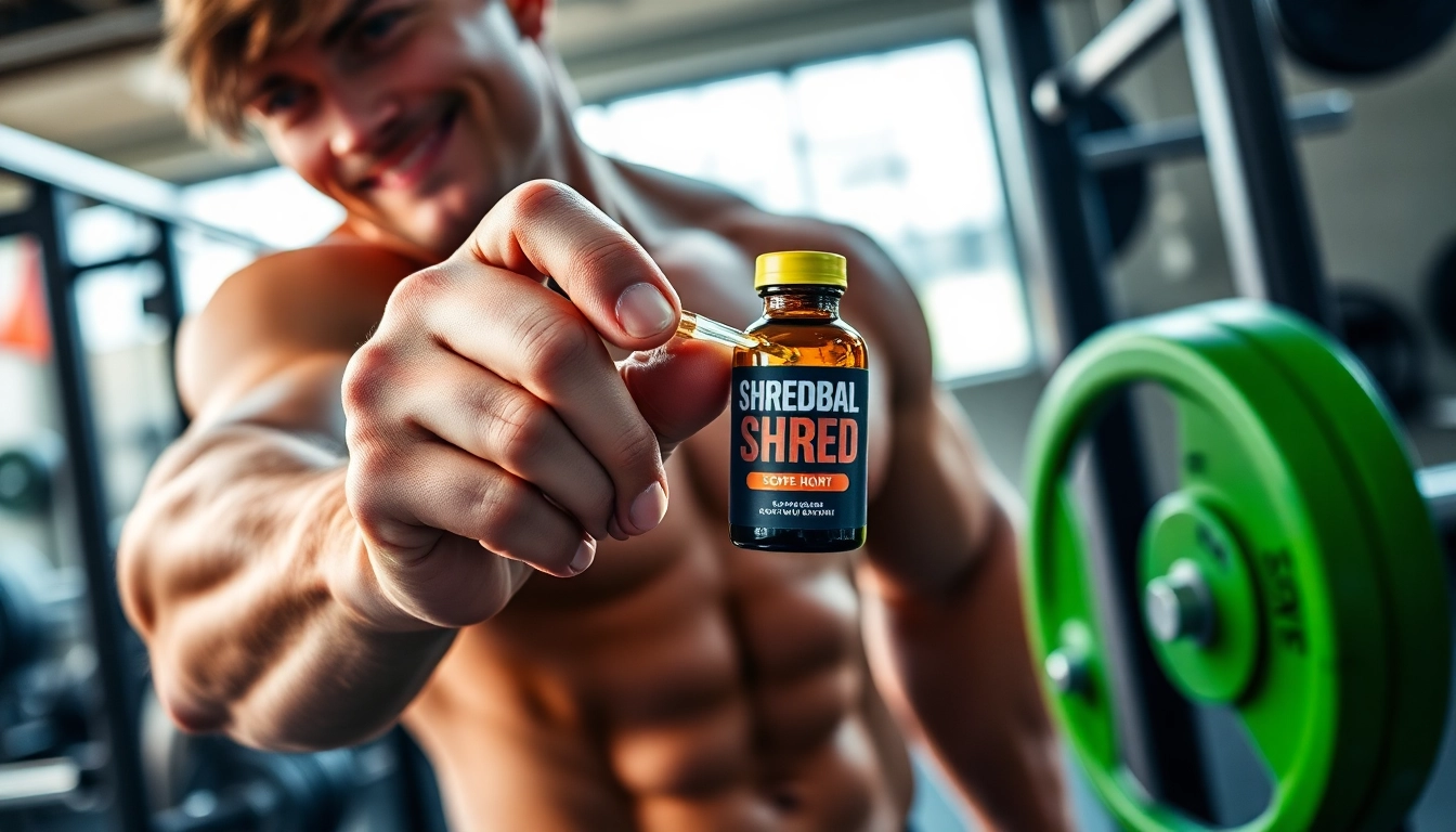 Die Shredbal Shred Short Compound liegt im Mittelpunkt, während ein Fitnessmodel motiviert posiert und Gewichte hält.