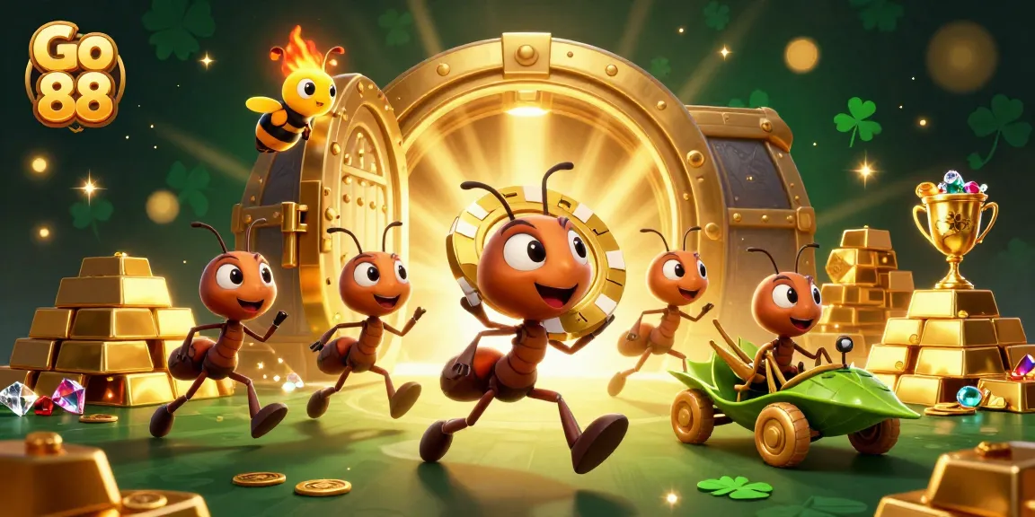 Experience a thrilling adventure with Go 88 as ants carry a giant poker chip amidst treasure.
