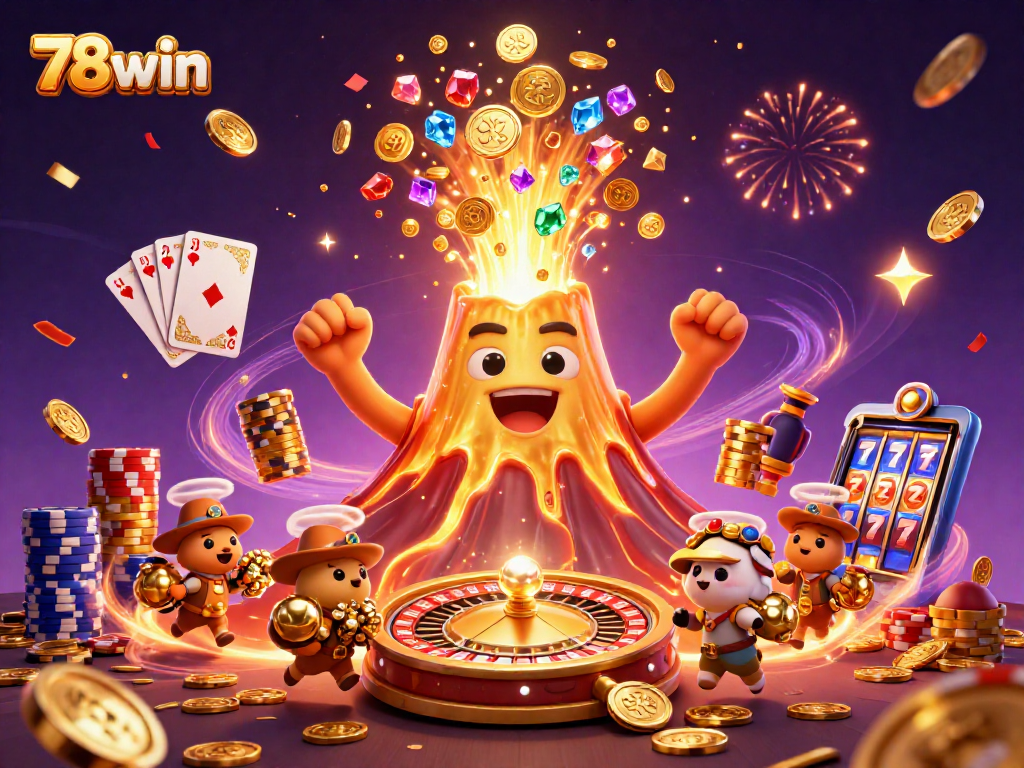 Immerse in 78win’s exciting casino features, showcasing a golden volcano erupting riches amidst thrilling game elements.