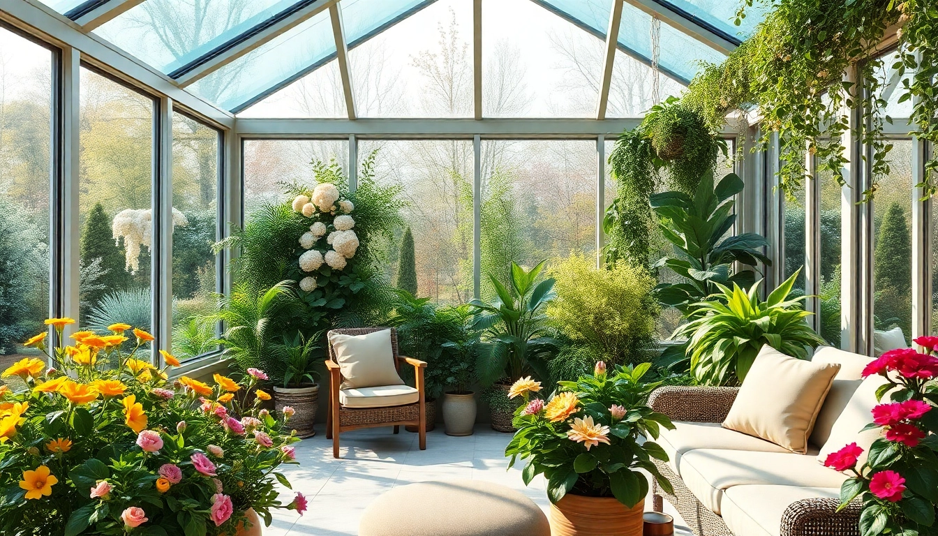 Wintergarten mit einladenden Pflanzen und gemuetlicher Sitzgelegenheit im Innenraum.