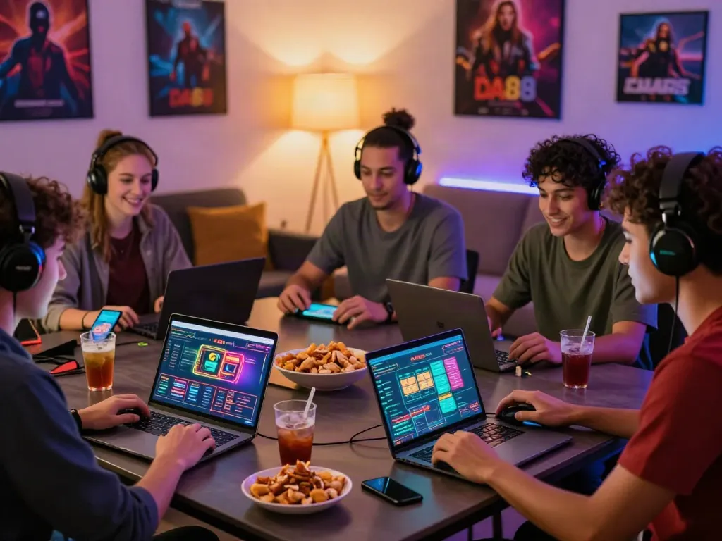 Friends enjoying an online casino game on DA88 platform with snacks.