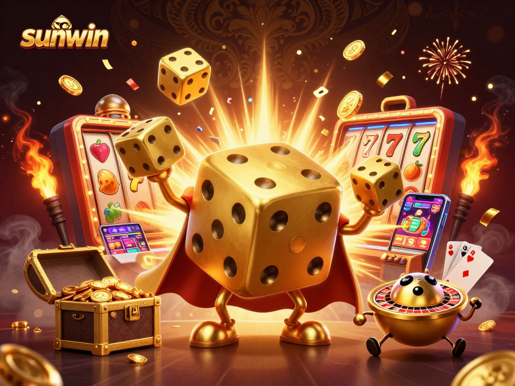 Win big at sunwin with our dazzling illustration of a golden dice golem amidst jackpot action!