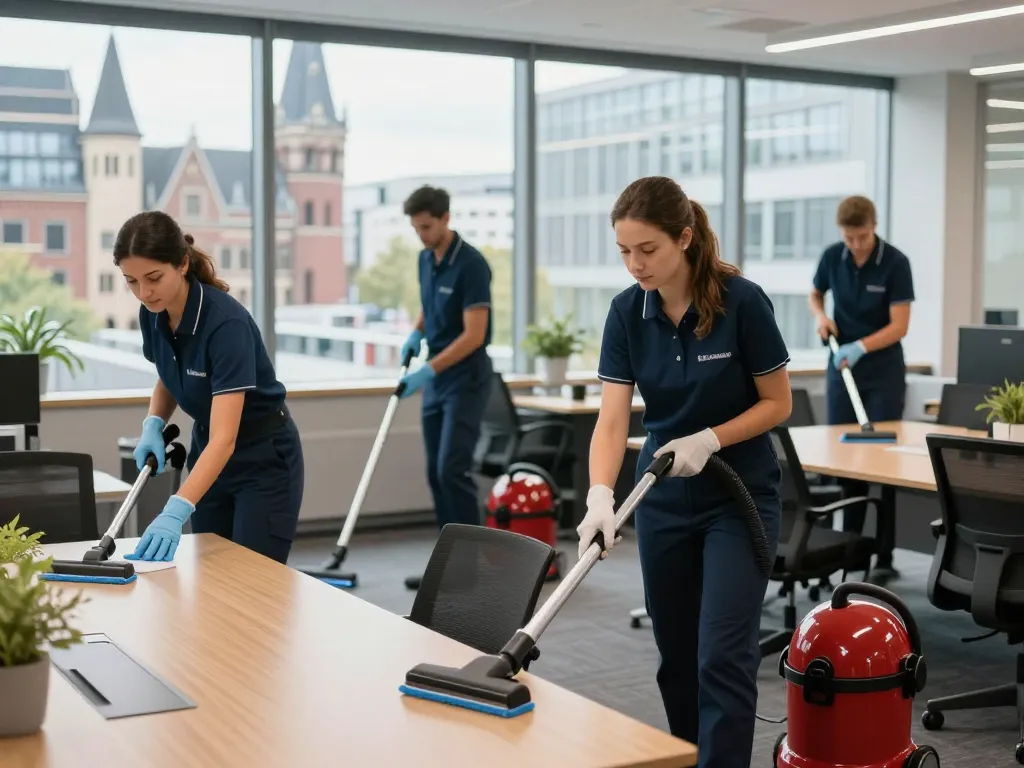 Unterhaltsreinigung für Unternehmen in Münster durch ein professionelles Reinigungsteam in einer modernen Büroumgebung, das Sauberkeit und Hygiene zeigt.