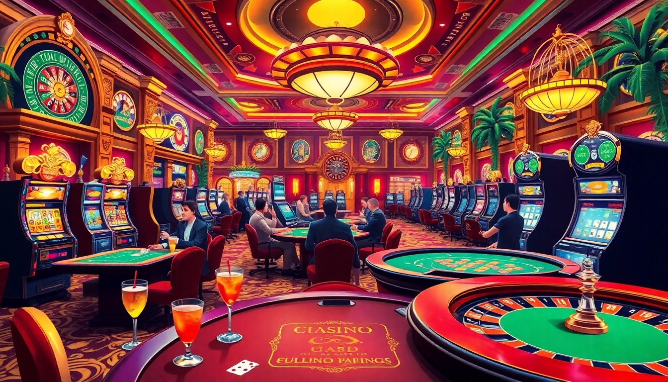 Spiele Casinospiele in einem luxuriösen Casino-Ambiente mit farbenfrohen Lichtern.