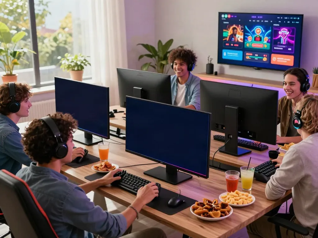 Friends engaged in online gaming excitement at https://iwinnk.jp.net/ in a vibrant living room atmosphere.