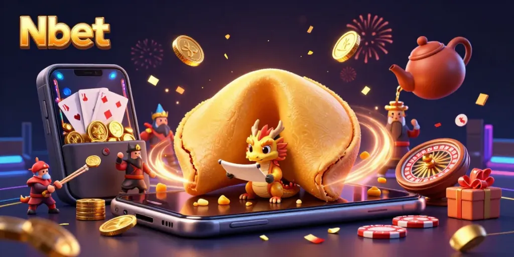 Engage with Nbet's thrilling 3D casino adventure featuring a golden cookie, dragon, and gaming elements.