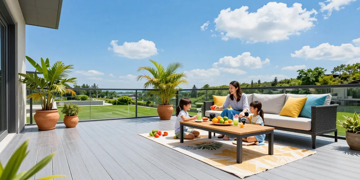 Moderne Terrassenüberdachung bei sonnigem Wetter, Familie beim Picknick.