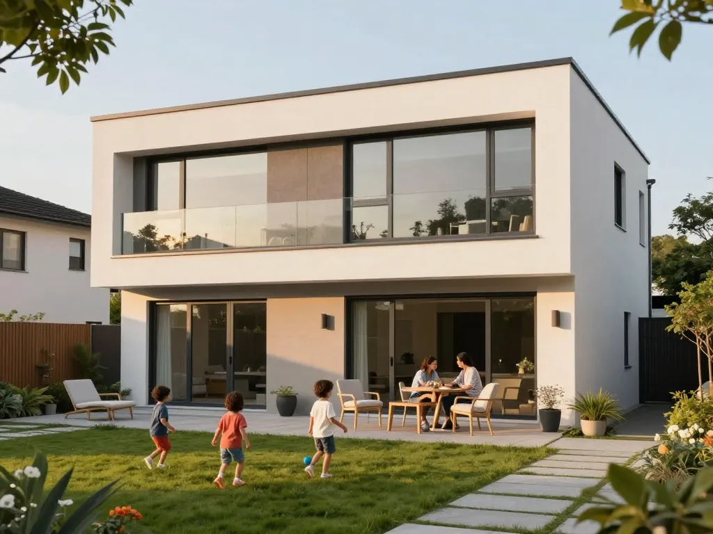 Stilvolles modernes Zuhause mit fenster schüco Fenstern, umgeben von einer Familie, die den Garten genießt.