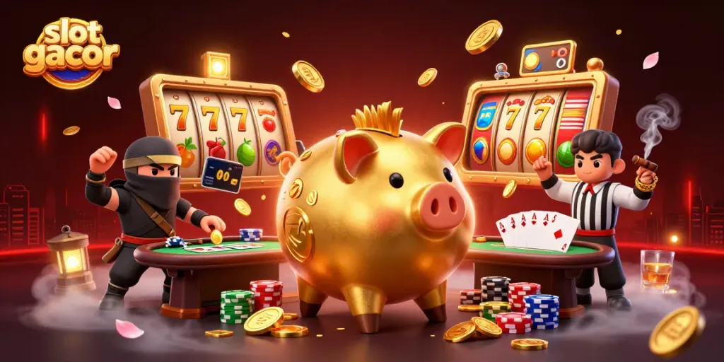 Experience an exciting slot gacor scene with a golden piggy bank sumo wrestler, ninja, and samurai amidst vibrant game elements.