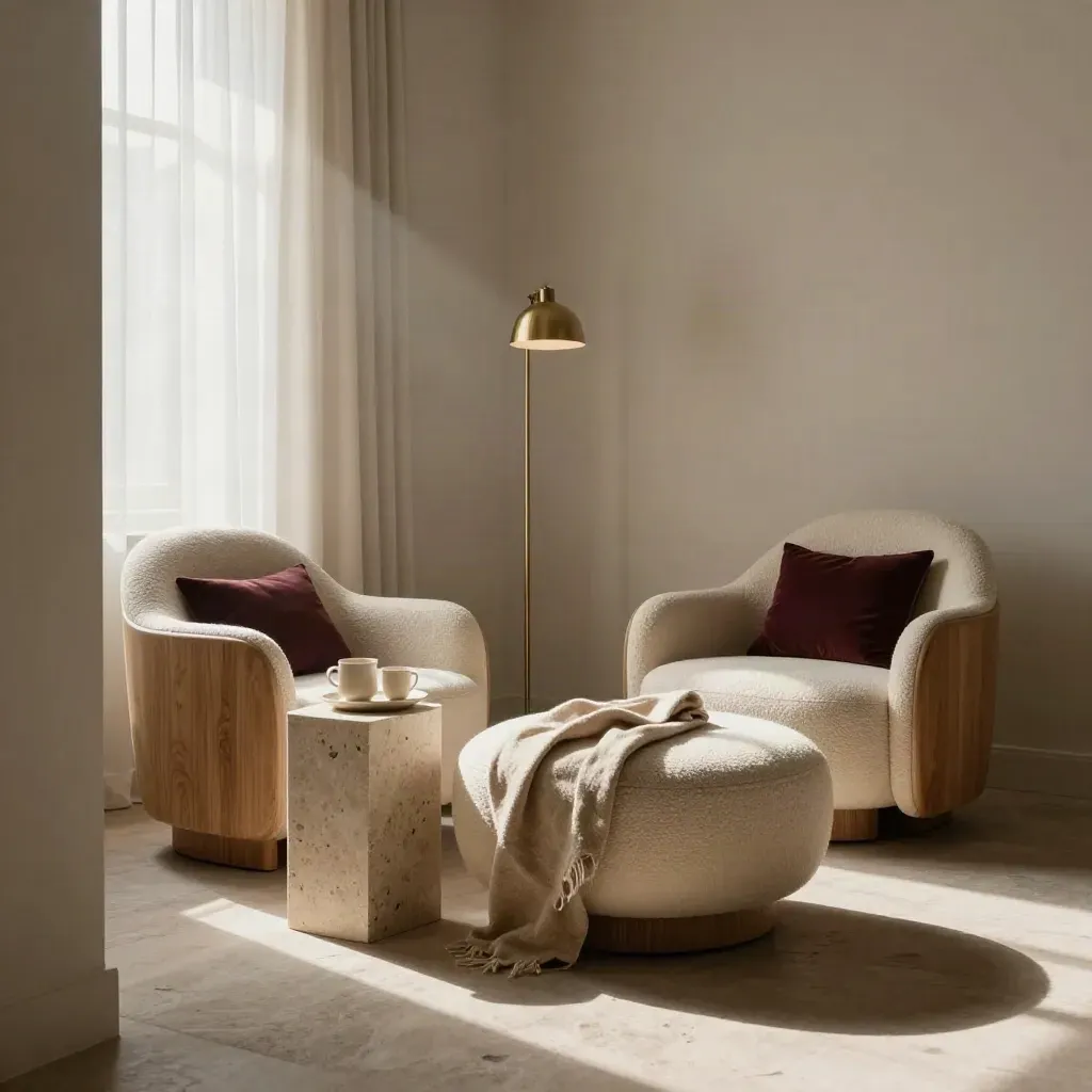 Elegantes Coaching-Lounge mit Sesseln, Teetasse, Steintisch und warmem Licht nach Regen