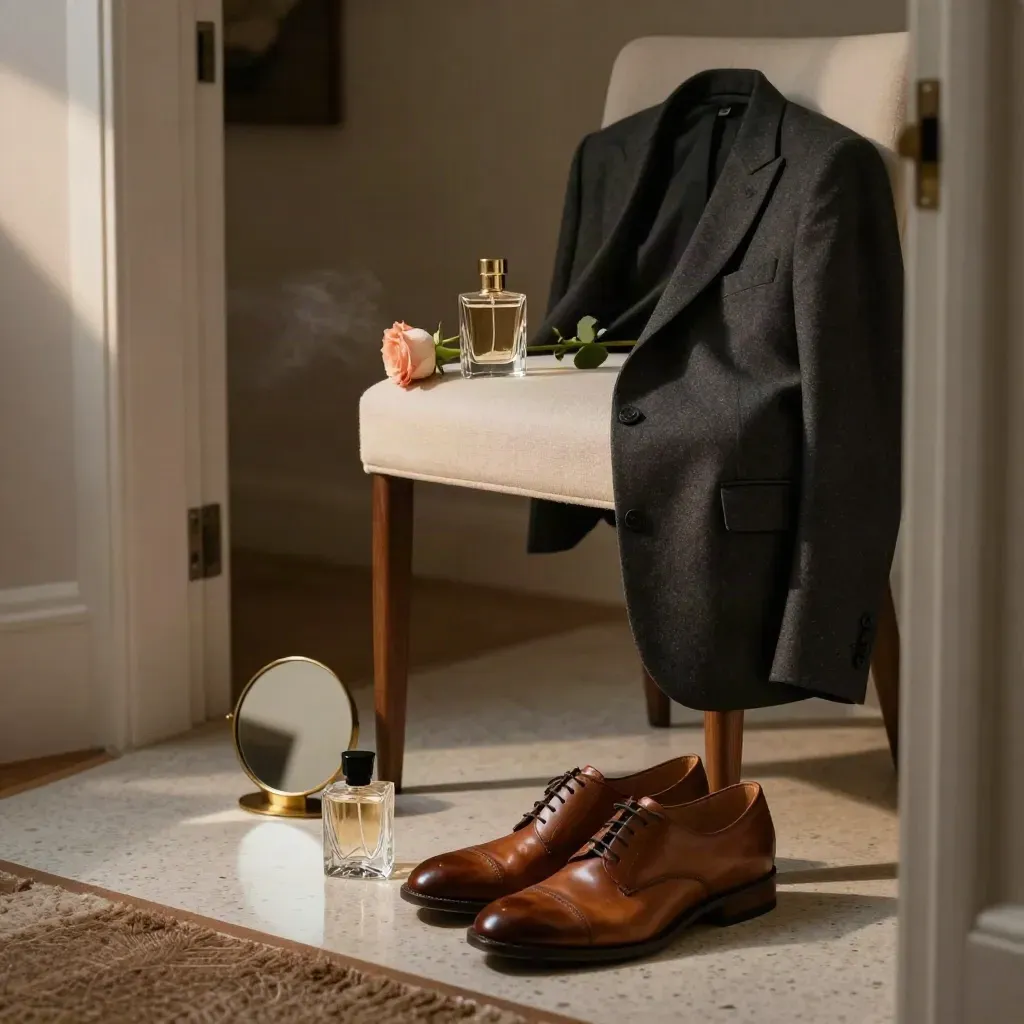 Abendliches Flur-Stillleben mit Jacke, Schuhen, Parfumflakon, Spiegel und Rose.