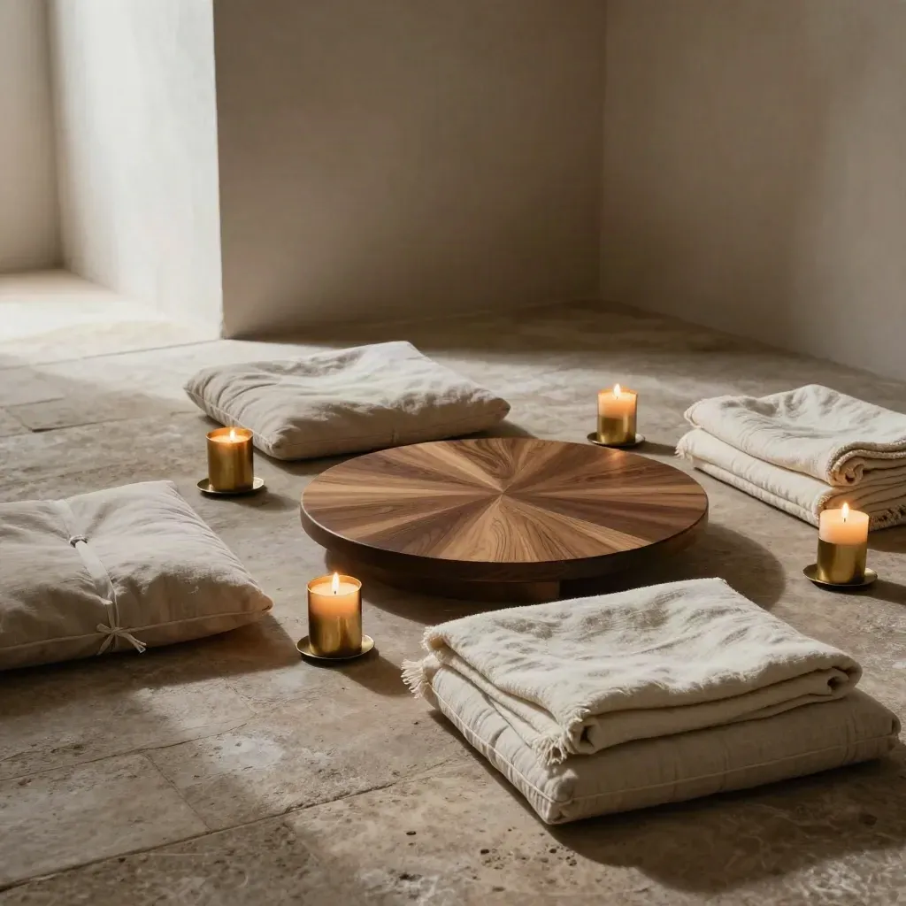 Serener Workshopraum mit Bodenkissen, Matten, Kerzen und Decken um einen Holzkreis.
