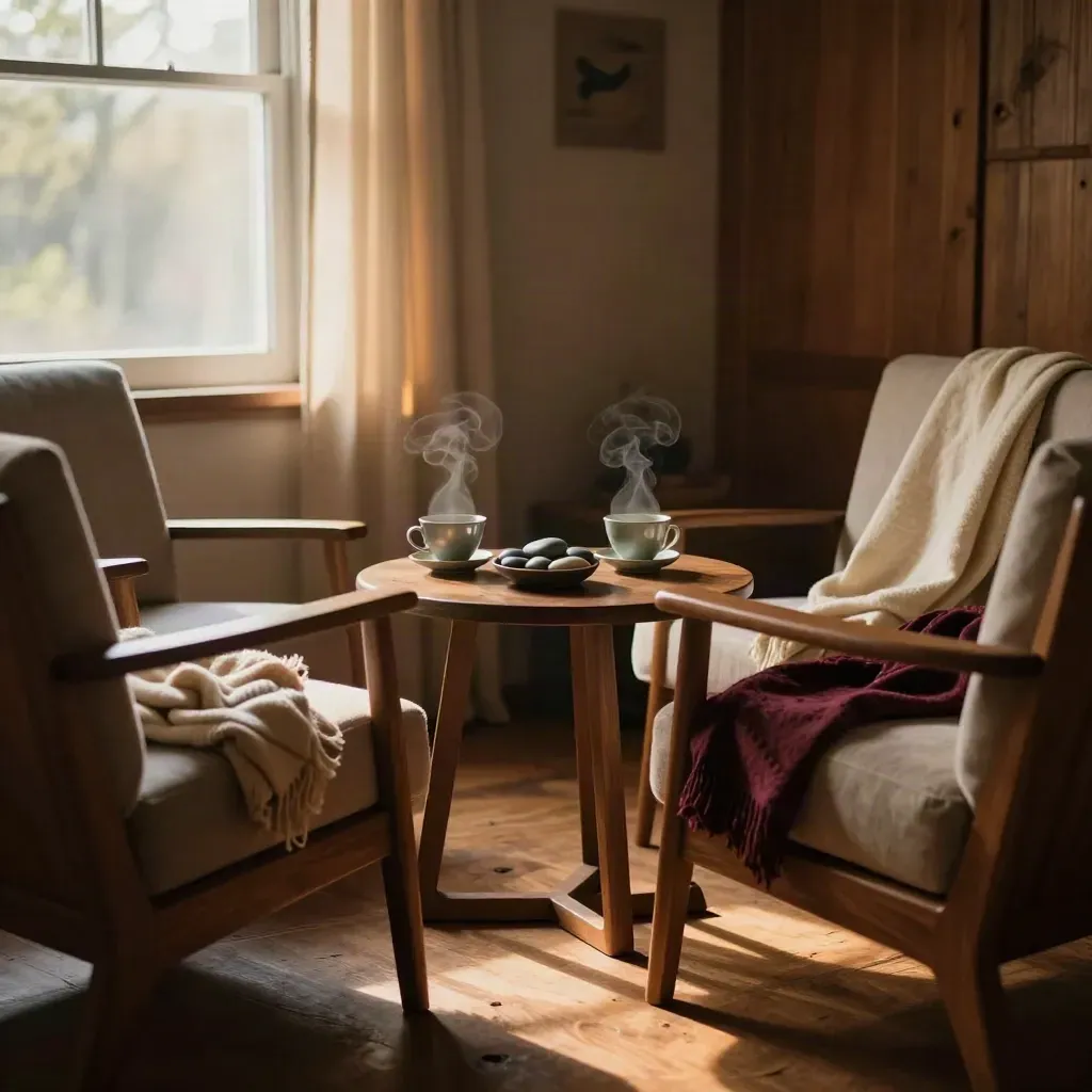 Gemütische Beratungsecke mit zwei Sesseln, Teetassen, Wolldecke und warmem Fensterlicht.