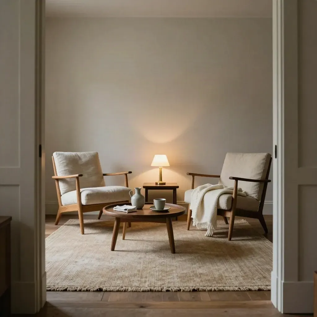 Helles Wohnzimmer mit zwei Sesseln, Teetablett und sanft leuchtender Lampe.