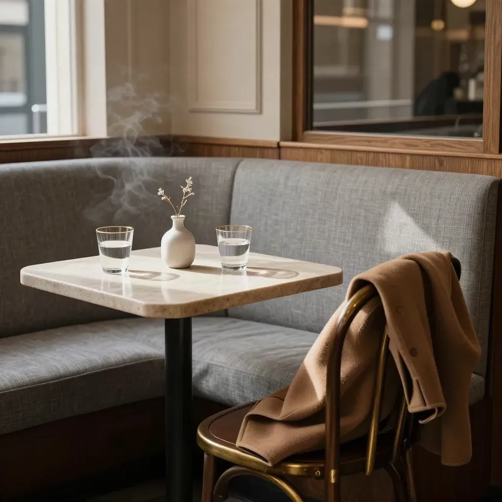 Leerer Caféplatz mit zwei Wassergläsern, Stuhl und Mantel im warmen Licht.