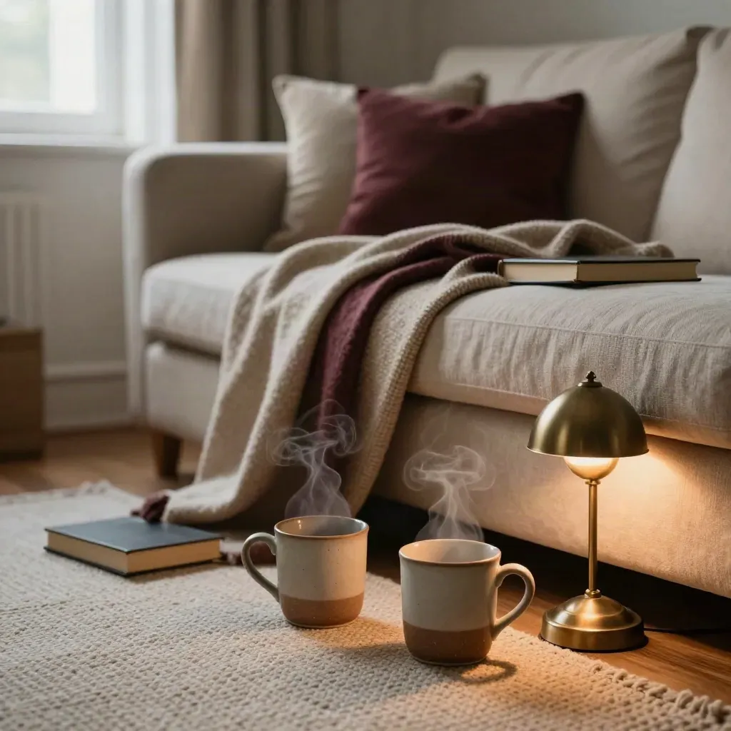Gemütliche Sofaecke mit zwei Tassen, Decke, Buch und Lampe im warmen Abendlicht.