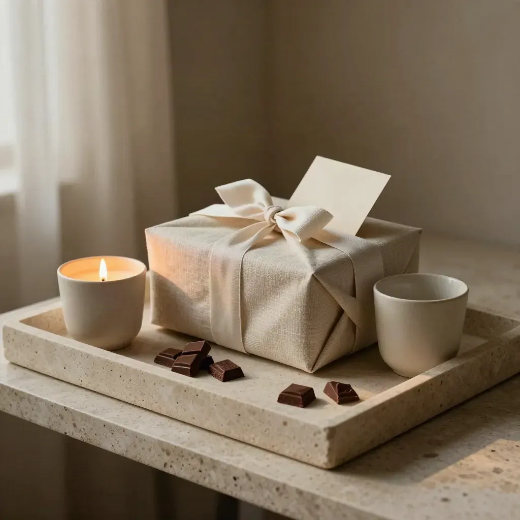 Geschenkset mit Tassen, Kerze und Schokolade auf Steinplatte, warm und elegant.